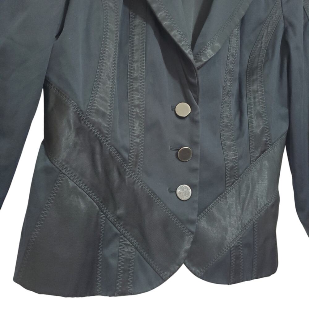 Marciano Navy Blue Fitted Tuxedo Blazer 3/4 Sleeve Black Satin Accents Sz 10 - Picture 3 of 12